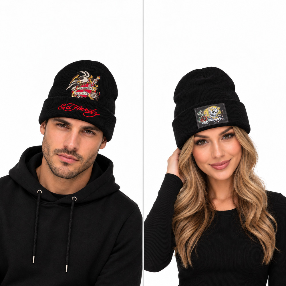 Ed Hardy Unisex 2 Pack Beanie Hats Black Skull Eagle Tattoo Y2K Womens Mens Gift